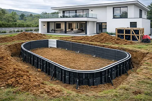 プールの躯体組み立てと配筋を行う工程2の様子