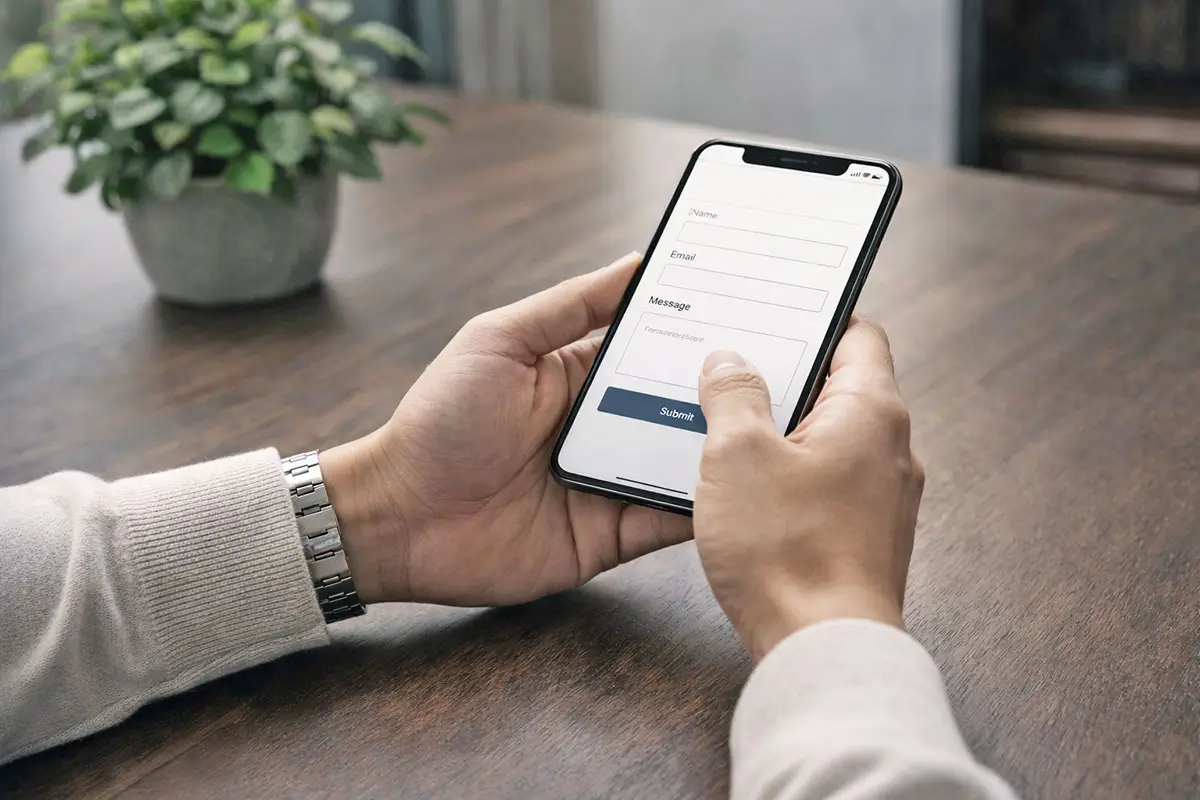 スマートフォンでプール工事について問い合わせをする様子