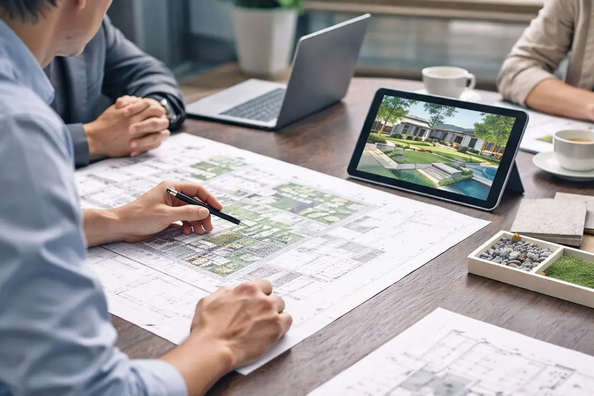 図面を見ながらプール計画の打ち合わせをしている様子