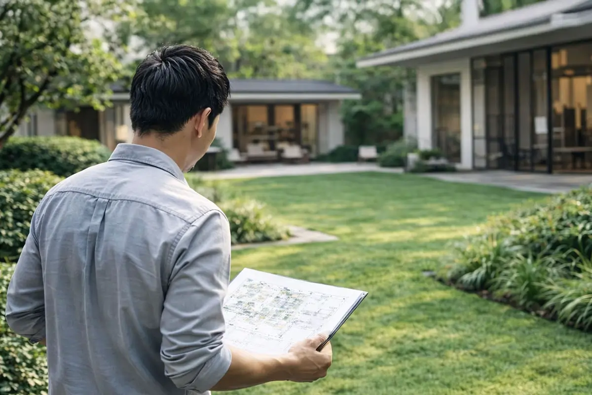 敷地条件を確認するため現地調査を行っている様子