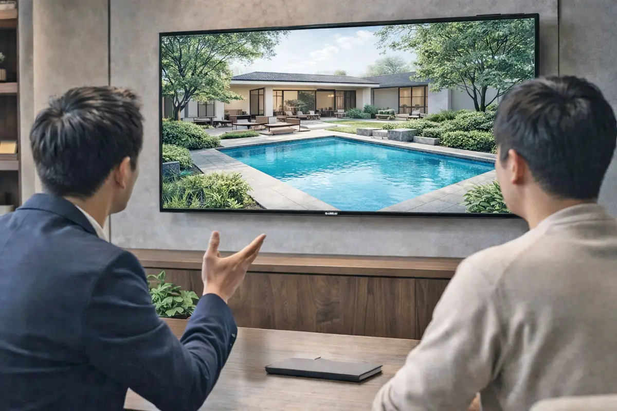 プール完成イメージを見ながらデザイン提案を受ける様子