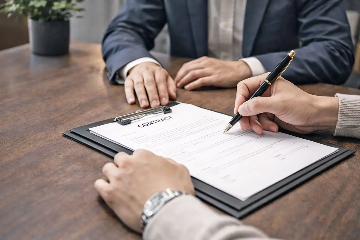 契約書を確認しながらプール工事の契約を行う様子