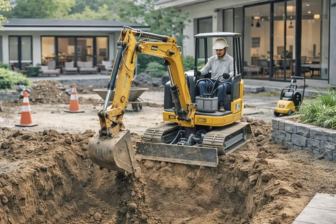 重機を使ってプール工事を着工している様子