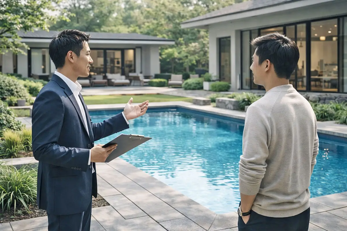 完成したプールを前に担当者から説明を受けている様子